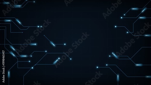 Digital circuit board with glowing blue lights and data flow.