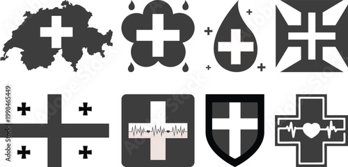 Medical and healthcare icons set featuring red cross symbols, blood drops, emergency signs and health care elements. Ideal for hospitals, clinics, apps and safety designs.