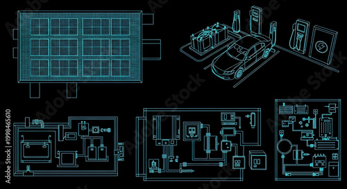 AutoCAD Solar EV Charging Station Vector Set – Car Parking Top Side View Multiview Blueprint Cyan Outline on Black Background