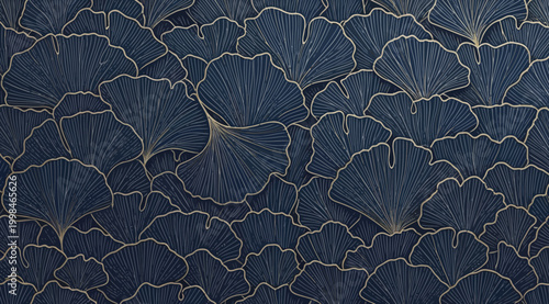 Seamless pattern with golden ginkgo biloba leaves on deep blue background