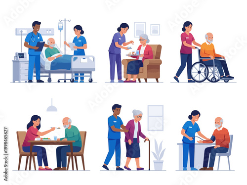 Elderly Care and Medical Assistance Vector Illustration Set - Senior Healthcare and Nursing Home Services