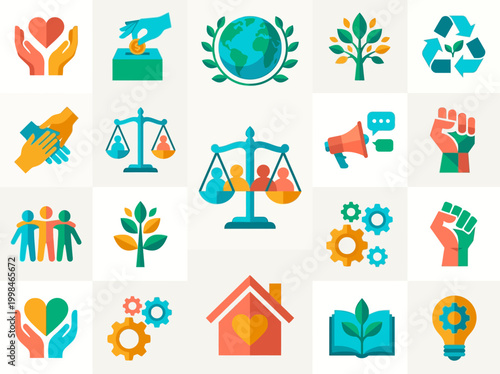 ESG and Social Responsibility Vector Icons for Sustainability, CSR, Community Charity, Environmental Advocacy, and Social Justice