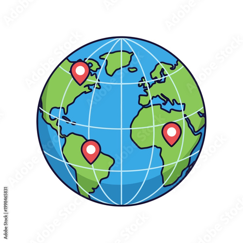 World Globe with Location Pins on Map