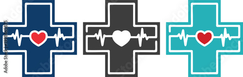 Medical and healthcare icons set featuring red cross symbols, blood drops, emergency signs and health care elements. Ideal for hospitals, clinics, apps and safety designs.