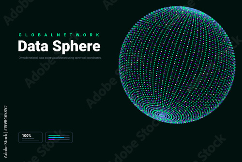 Global Network Data Sphere Visualization with Futuristic Spherical Coordinates and Digital Point Mapping