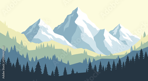 A calming silhouette of evergreen trees against a gradient sky evokes tranquility and a sense of adventure. Perfect for travel blogs, wellness content