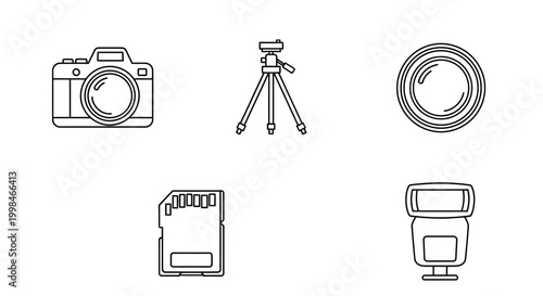 Set of outline icons for photography equipment on a white background.