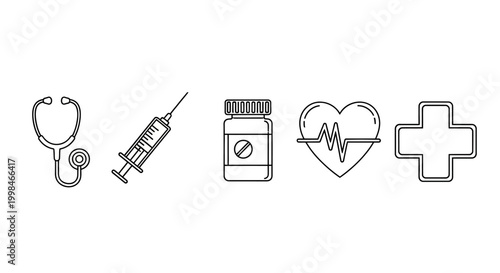 Set of medical icons including stethoscope, syringe, pills, heart and cross.