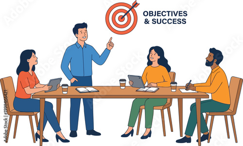 Business team discussing objectives and success around a table with a target and dartboard in the background