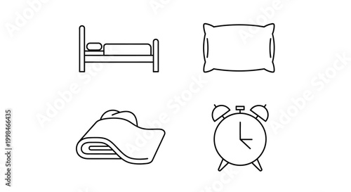 Collection of bedroom icons: bed, pillow, blanket, and alarm clock.