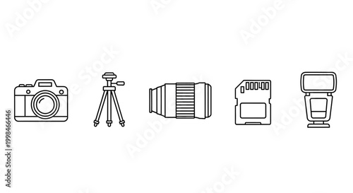 Set of linear icons for photography equipment on a white background.
