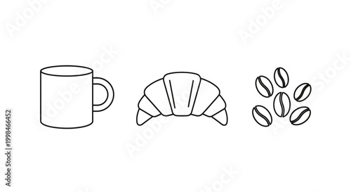 Simple illustration of coffee cup, croissant, and coffee beans.