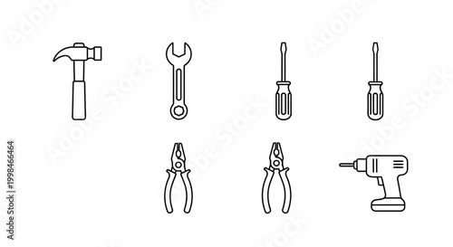 Collection of black outline hand tool icons on a white background.