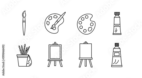 Set of minimalist art supply icons including brushes, palettes, and easels on white background