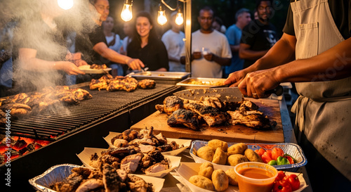 Grilling Marinated Chicken Over Charcoal At Outdoor Community Event