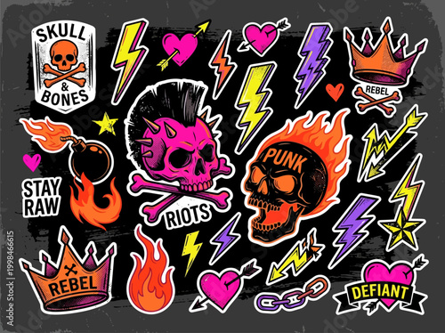 Punk Rock Sticker Set with Skulls, Mohawks, Crowns, and Lightning Bolts for Urban Streetwear and Rebellion Theme