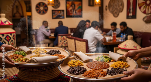 Large Platters of Authentic Injera Bread with Various Stews and Sauces