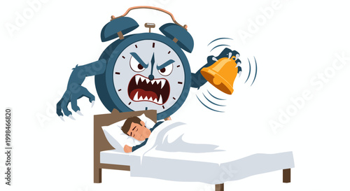 Angry Alarm Clock Monster Waking Up Sleeping Man in Bed, Morning Routine