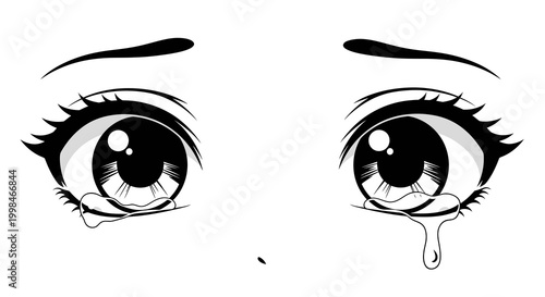 Anime Eyes Crying Black and White Illustration with Tears
