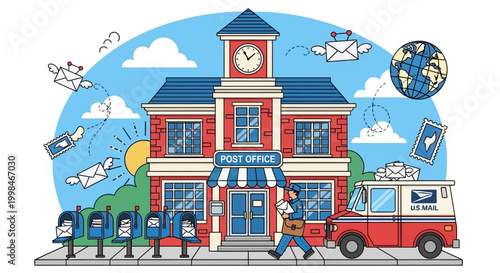 School Building with Mail Trucks Parked.