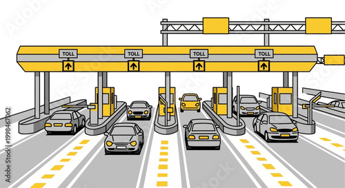 Cars passing through toll booth lanes.