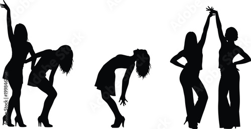 Black vector silhouettes of young women dancing, posing in high heels, girls partying at nightclub, female friends having fun, isolated on white background, illustration.