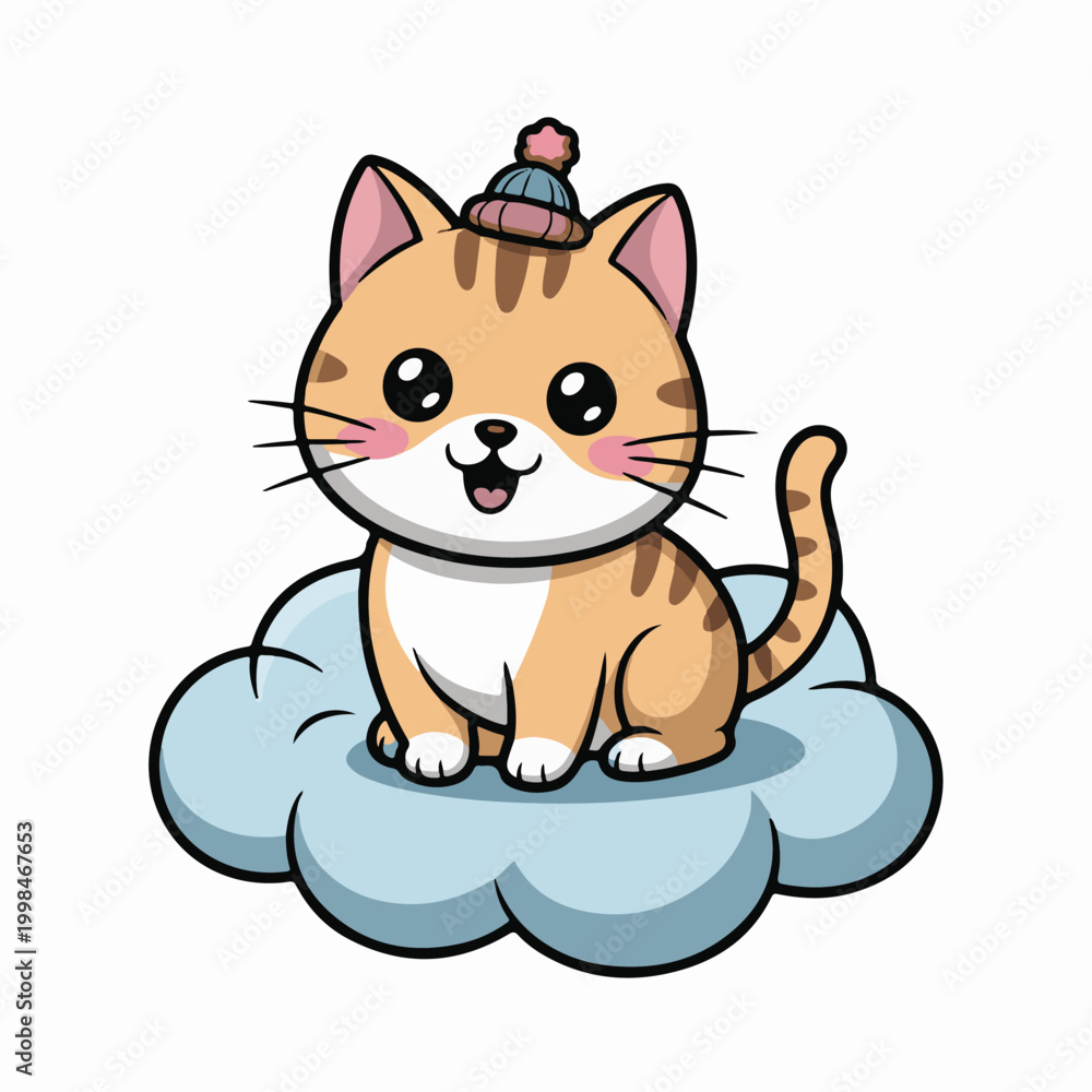 Obraz premium Cute little cartoon ginger cat wearing a small winter hat on cloud