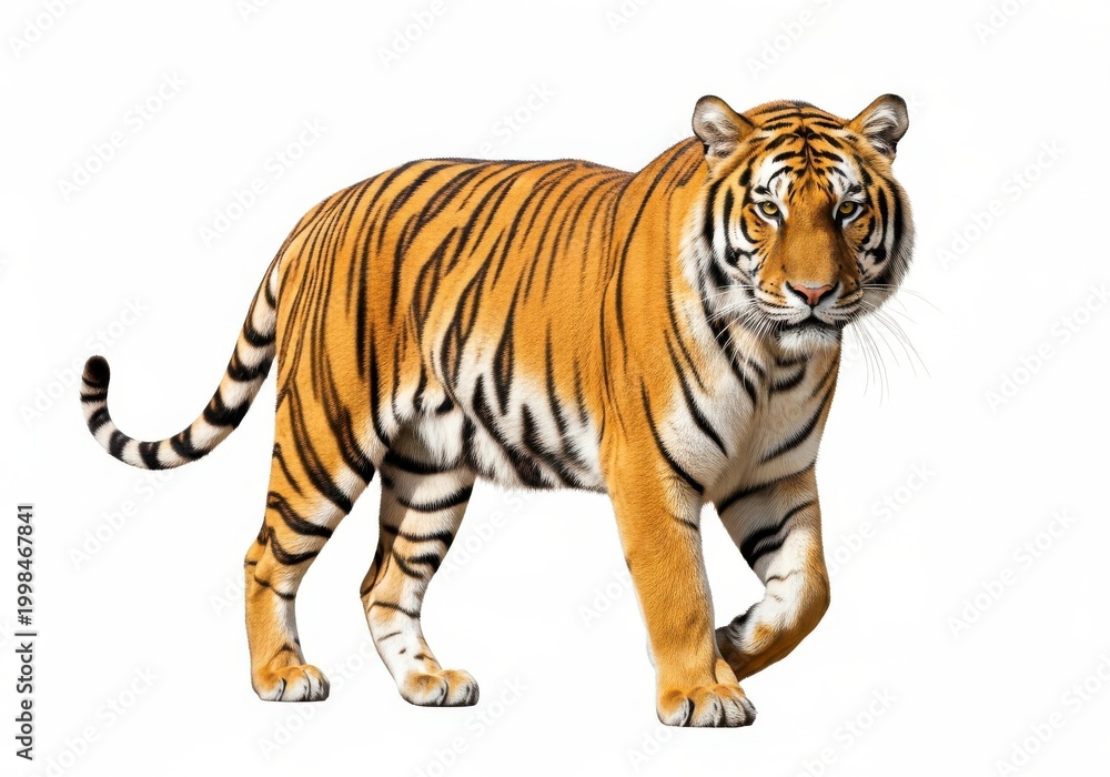 Fototapeta premium Majestic tiger walks forward while looking towards the camera against a clean white background.