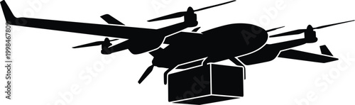 Black silhouette vector illustration of an autonomous delivery drone. Commercial aerospace logistics and automated transport. Concepts for web design and app UI in solid monochrome style.