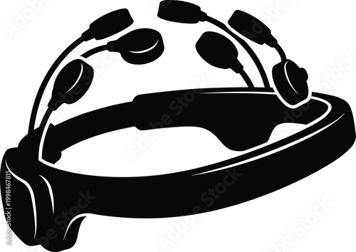 Black silhouette vector illustration of a neural interface headset. Brain computer integration and advanced neuroscience technology. Concepts for web design and app UI in solid monochrome style.