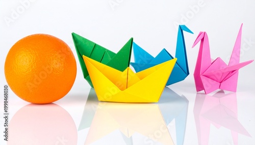 Colorful Origami Figures on Reflective Surface – Creative Visual for Editorial, Lifestyle, or Branding Themes