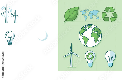 Renewable Energy and Eco-Friendly Icons Collection Featuring Wind Turbines, Light Bulbs, Leaf, Earth, and Recycling Symbols for Sustainability and Green Designs
