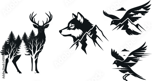 Wilderness wildlife double exposure vector set, black and white animal silhouettes with forest and mountain landscapes, deer wolf and eagle icons