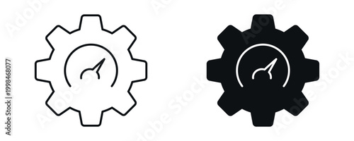 Performance settings icon set, gear with speedometer symbol representing efficiency and optimization in line and solid style. vector illustration.