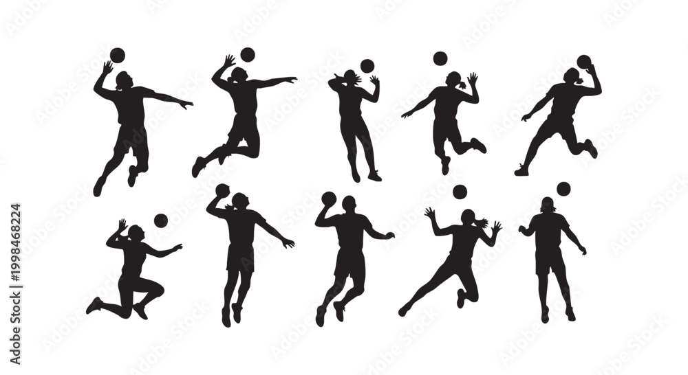 Obraz premium Collection of volleyball player silhouettes in action poses isolated on white background for sports graphic design.