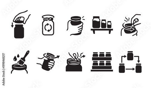 Jar opening and food storage icons set depicting culinary handling instructions
