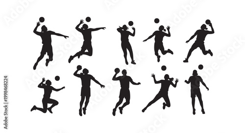 Collection of volleyball player silhouettes in action poses isolated on white background for sports graphic design.