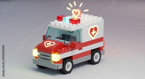 A toy ambulance car built from red, white, and grey plastic lego blocks. It features glowing headlights, red emergency roof lights, a flashing heart-shaped siren on top