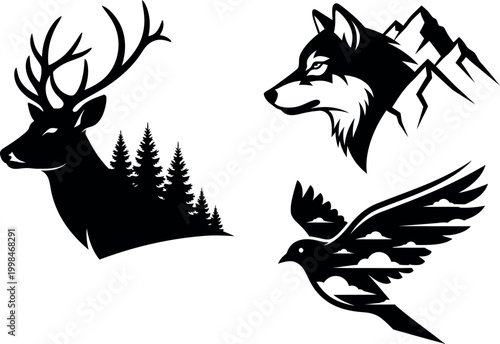 Wilderness animal silhouettes with double exposure landscapes, wolf and deer head with mountain and forest, flying bird vector set