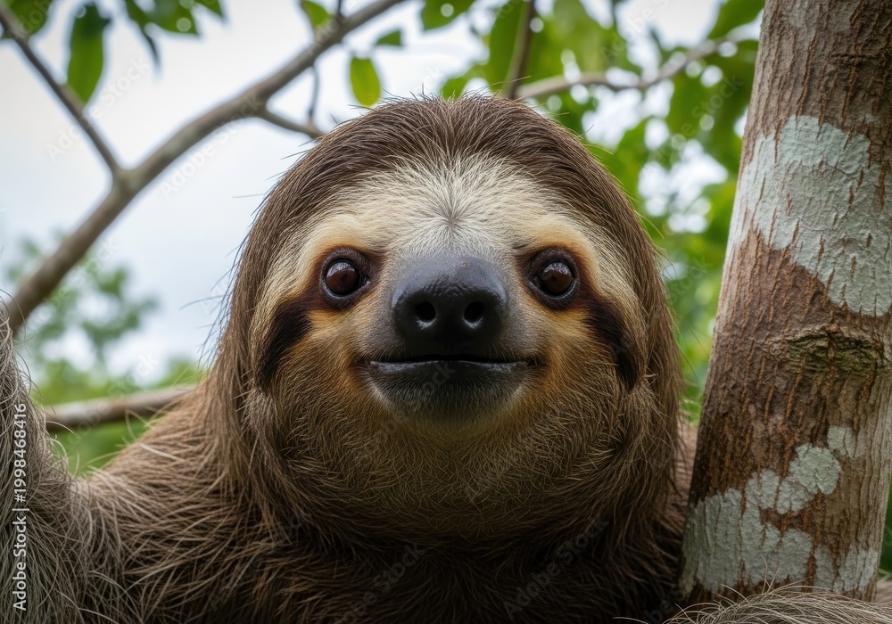 Fototapeta premium Sloth looks directly into the camera lens while resting on a tree branch.