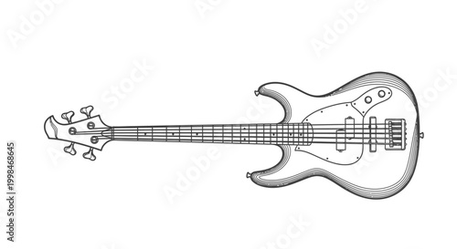 Black and white illustration of a detailed electric bass guitar isolated
