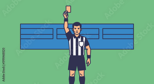 A male soccer referee in a black and white striped uniform holding up a yellow card during a match, with blue stadium seating in the background.