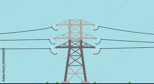 Illustration of a tall electricity pylon with multiple power lines against a clear blue sky, representing power transmission infrastructure.