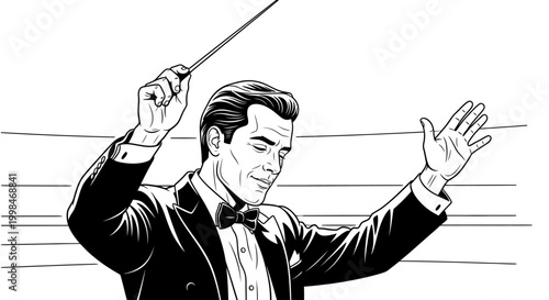 Conductor leading orchestra performance with baton and hand gestures