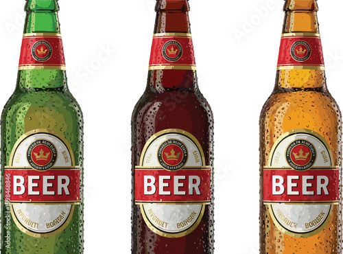 Three Beer Bottles Vector Illustration with Green, Brown, and Amber Glass Bottles, Beverage Drinks with Condensation, Refreshing Alcohol Set