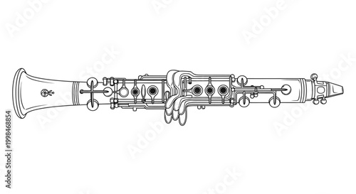 Detailed black and white vector illustration of a clarinet musical instrument