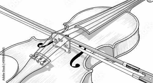 Detailed illustration of a classical violin and bow in black and white