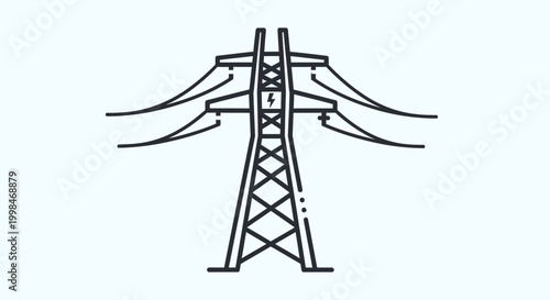 Line art illustration of a tall electricity pylon with multiple power lines, symbolizing energy transmission and infrastructure.