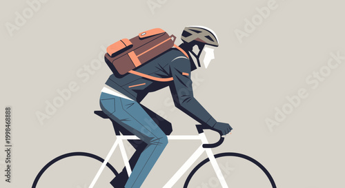 Minimalist illustration of a person riding a bicycle with a backpack and helmet against a plain background.