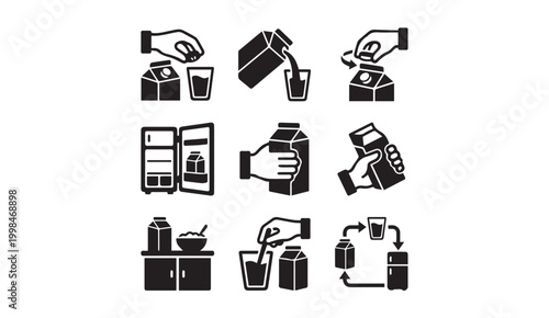 Billede på lærred Set of milk and dairy product handling icons with drinking, consumption